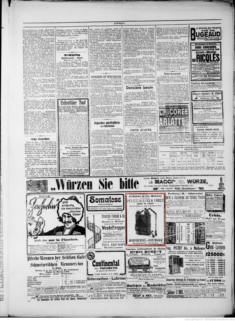 Journal L'Express de Mulhouse du 13 juin 1903 (p.3) : pulvérisateur Gobet pour la vigne.